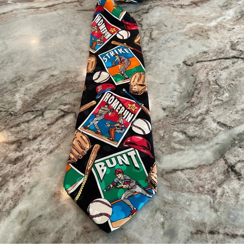 Vintage Baseball Mens Tie 100% Silk Baseball Card, Bat, 90'S